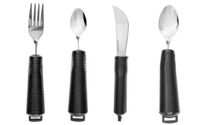 Príbor s hrubou rúčkou pre lepšie uchopenie, ohýbací, celá sada